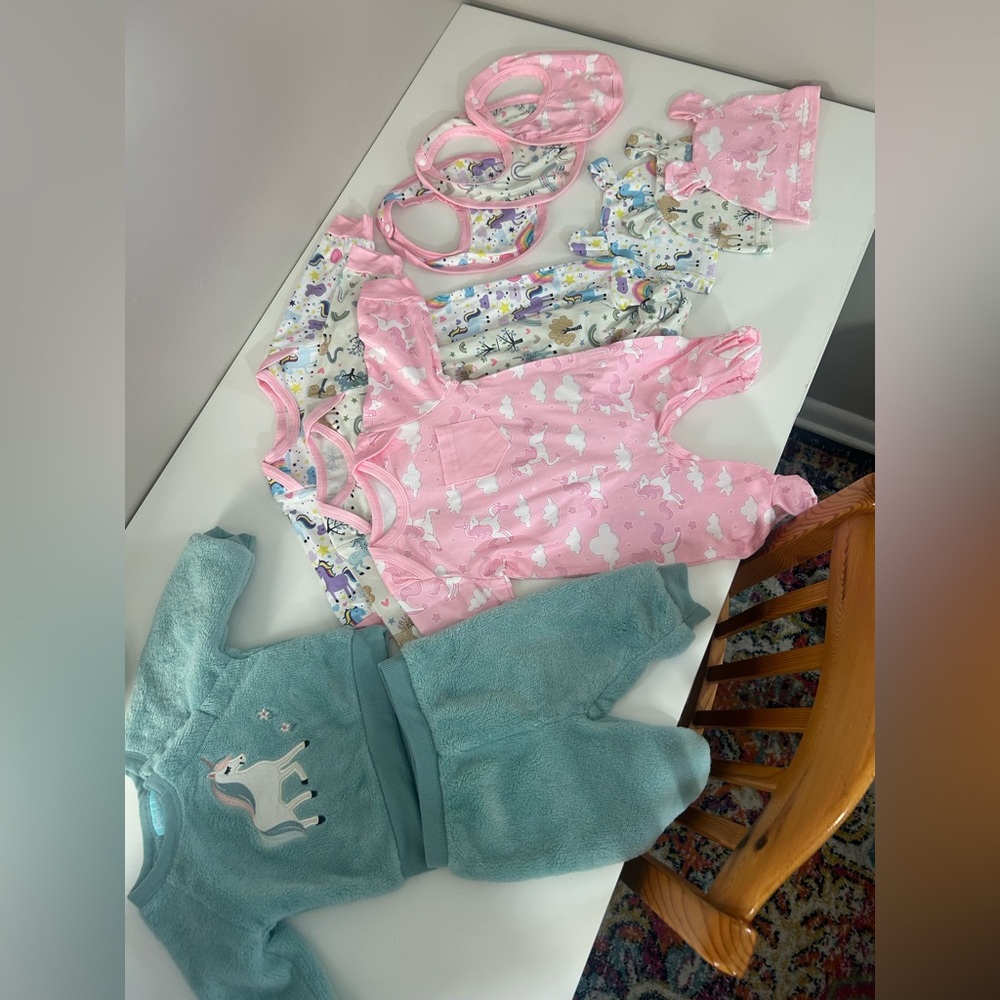 Baby Girl Unicorn Bundle 0-3 months Set 9pc + Fleece Pajamas 2pc + NWT Bibs 4pc